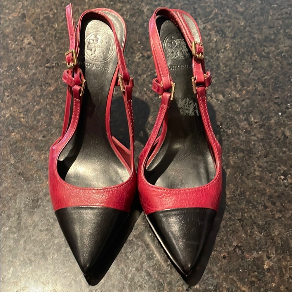 Tory Burch Women's Red and Black Slingback Heels